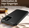 A black flip case for a smartphone is shown on a textured surface, with text overlay describing its features. Náhled obrázku produktu