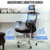 An ergonomic office chair is shown in a modern office setting with graphic overlays highlighting its features. Produktbild-Vorschau