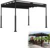 A black pergola with a retractable canopy, shown against a white background. A smaller inset image shows the pergola set up in a garden with a table and chairs underneath. Náhled obrázku produktu