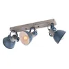 A three-light industrial-style ceiling spotlight with a wooden beam and metal shades. Anteprima dell’immagine prodotto