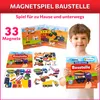 A collage of a magnetic building block set for children, featuring construction vehicles and a happy child. Produktbild-Vorschau
