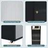 A collage of four close-up images showcasing different features of a black cabinet with ribbed glass doors and gold hardware, including a close-up of the glass, the handle, a wheel, and a side view of the storage space. Produktbild-Vorschau