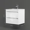 A white bathroom vanity with a faucet is mounted on a gray wall, with dimensions indicated by lines and text. Produktbild-Vorschau