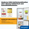 A refrigerator with its door open, displaying food items and energy efficiency labels. There are also award badges and product information on the left side. Produktbild-Vorschau