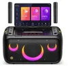 A karaoke machine with a screen, two microphones, and colorful LED lights. Anteprima dell’immagine prodotto