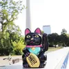 A black lucky cat figurine sits on a ledge outdoors, with trees and a tall tower in the background. Produktbild-Vorschau