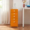 An orange roll container with five drawers is shown in a room with white curtains and a desk. Voir les images du produit
