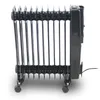 A black electric oil radiator with wheels is shown against a white background. Podgląd zdjęcia produktu