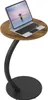 A round side table with a wooden top and a black metal base, holding a laptop with a keyboard and a tablet. Produktbild-Vorschau