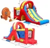 A diagram showing two inflatable bouncy castles with dimensions and an air blower. Náhled obrázku produktu