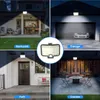 Collage showing a solar lamp with motion detector used in different outdoor settings: backyard, garage, path, and garden. Produktbild-Vorschau