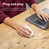 A person's hands using a white computer mouse connected to a laptop on a wooden desk. Anteprima dell’immagine prodotto
