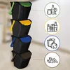 A stack of four black recycling bins with different colored lids, each connected by dotted lines to an icon representing the type of waste it holds. Produktbild-Vorschau