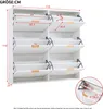 A white shoe cabinet with multiple open compartments, showing dimensions and measurements. Produktbild-Vorschau