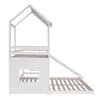 A white bunk bed with a slide and a house-shaped roof, shown from the side. Náhled obrázku produktu