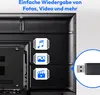 The back of a television is shown with icons indicating media playback capabilities, and a USB drive is shown being plugged in. Produktbild-Vorschau