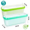Two stackable ice cream containers with lids, one green and one turquoise, shown from a slightly elevated angle on a white background with dimensions indicated. Produktbild-Vorschau
