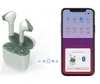A pair of wireless earbuds and their charging case are shown next to a smartphone displaying a Bluetooth connection interface. Produktbild-Vorschau