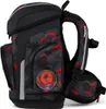 A side view of a black and gray backpack with red geometric patterns and a circular emblem on the side. Produktbild-Vorschau