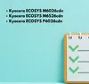 A list of Kyocera printer models is displayed on a light blue background, next to a stylized checklist icon. Produktbild-Vorschau