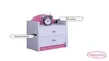A pink and white children's nightstand with two drawers and a purple alarm clock on top. Text overlays highlight features. Anteprima dell’immagine prodotto