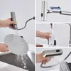 A collage of images showing a kitchen faucet being used for washing dishes, filling a glass, and demonstrating its spray functions. Podgląd zdjęcia produktu
