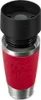 A close-up studio shot of a red travel mug with a black lid. Podgląd zdjęcia produktu