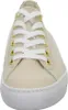 A close-up, front-facing view of a beige sneaker with white laces and gold eyelets against a white background. Produktbild-Vorschau