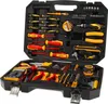 A black toolbox filled with various electrical tools, including screwdrivers, pliers, a multimeter, and a soldering iron. Produktbild-Vorschau
