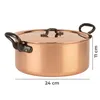 A copper pot with a lid and handles, shown from the side with dimensions indicated. Produktbild-Vorschau