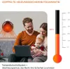 A family is sitting on a couch with a laptop and a baby, while a small heater is plugged into the wall. Produktbild-Vorschau