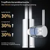 Close-up of a chrome faucet with a cutaway view showing the ceramic cartridge, accompanied by marketing text highlighting features and benefits. Podgląd zdjęcia produktu