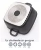 The underside of a square black pot with a silver induction-compatible base is shown. Below the pot, there are icons representing different stovetop types and text indicating suitability for all stovetops. Náhľad obrázku produktu