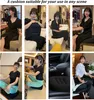 Collage of a woman using a black cushion in various settings: sitting on a chair, on a sofa, in a car, and on the floor. Produktbild-Vorschau
