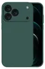 A dark green phone case is shown from the back, with the phone screen visible on the right side. Produktbild-Vorschau