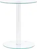 A clear, studio shot of a round glass side table with a silver cylindrical pedestal base and a round glass base.