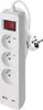 A white power strip with three outlets, a red on/off switch, and two USB ports, with a European-style plug attached. Produktbild-Vorschau