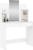 A white vanity table with a mirror and shelves, displaying various cosmetic bottles and containers. Produktbild-Vorschau