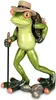 Ein Frosch, der einen Strohhut trägt und einen Rucksack auf dem Rücken hat. Detailreich gestaltet. Produktbild-Vorschau