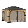 A gazebo with wooden posts and a dark roof, featuring sheer curtains and mosquito netting. Produktbild-Vorschau