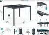 A collage of images showing a gray aluminum pergola, its dimensions, construction details, and usage scenarios. Produktbild-Vorschau