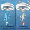 A split image showing a ceiling fan with lights, illustrating its operation in summer and winter modes. Produktbild-Vorschau