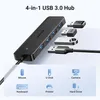 A black USB 3.0 hub with four ports is shown, with various USB devices and icons illustrating its functionality. Produktbild-Vorschau