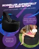A black beanbag chair is shown indoors and outdoors, with text highlighting its features. Produktbild-Vorschau