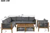 A diagram showing the dimensions of a modular outdoor furniture set, including a sectional sofa, an armchair, and a coffee table. Voir les images du produit
