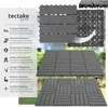 A collage of images showing tectake garden tiles, their features, and different laying patterns. Náhled obrázku produktu