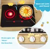 A collage of images showing a toy kitchen stove with a pan of food, and close-ups of the control knobs. Podgląd zdjęcia produktu