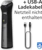A Philips trimmer and its charging cable are shown against a white background, with German text indicating that a power adapter is not included. Produktbild-Vorschau