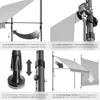 A collage of four images demonstrating the features and assembly of a retractable awning. Produktbild-Vorschau