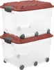 Two clear plastic storage boxes with red lids and gray handles are stacked on top of each other. Both boxes have wheels on the bottom. Produktbild-Vorschau